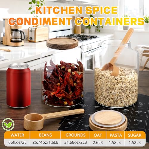 66oz Large Glass Storage Jar with Wooden Lids Spoons Labels Glass Coffee Ground Canister Borosilicate Glass Sugar Flour Container for Cookies Spice Rice Tea(2000ml/67oz-2 pack-with scoop) - color: 2000ml/67oz-2 pack-with scoop