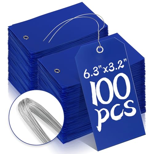 100 Pieces Plastic Shipping Tags with Wires Blank Labeling Tags Waterproof Hang Tags with Reinforcement Hole Durable Wire Tags Labels Stacking Tags for Equipment Parts (Dark Blue, 6 1/4" x 3 1/8") - color: Dark Blue, size: 6 1/4" x 3 1/8"