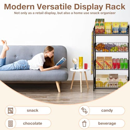 VOPEAK 4 Tier Retail Snack Display Stand, Metal Retail Display Rack with 2 Hooks, Potato Storage Rack, Concession Stand Candy Organizer, Easy Assembly Fruit Basket, Snack Organizer for Pantry, Office