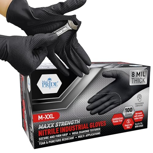 MED PRIDE Maxx Strength Nitrile Industrial Black, 8 Mil Thick - Diamond Texture Disposable Heavy-Duty, Tear-Resistant - size: Medium