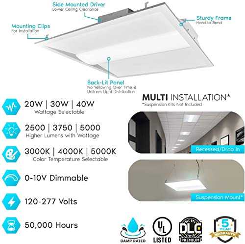 2x2 FT Center Basket LED Troffer Panel Light, 20/30/40W, 3 Color Options 3000K | 4000K | 5000K, Dimmable Drop Ceiling Lights, 2500/3750/5000 Lumens, Damp Rated, 120-277V, Premium (4 Pack) - size: 2X2 Troffer - 4 Pack