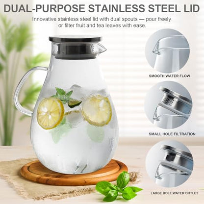 Glass Water Pitcher with Lid, 67oz / 2L Heat-Resistant Jug for Iced Tea, Juice, Coffee, and Daily Use - size: 67.6 Ounces