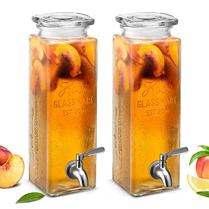 Kook Glass Drink Dispenser, with Leak-Proof Stainless Steel Spigot, Clear Rectangular Mason Jar, Beverage Storage for Fridge, for Water, Iced Tea, Sangria, Lemonade, 80 oz (2) - size: Pack of 2