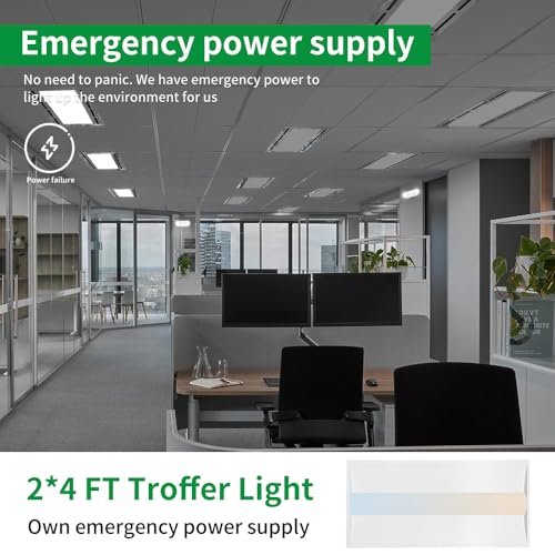 2x4 LED Troffer Light with Emergency Backup Battery, ETL 2PK - style: 2PK Emergency Battery Backup