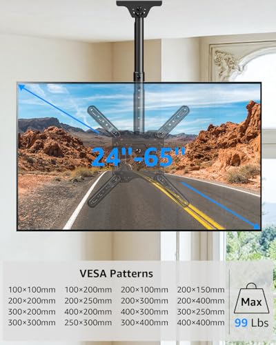 MOUNTUP Ceiling TV Mount for Most 24''- 65'' TVs, Hanging TV Ceiling Mount for 32 42 43 50 55 60 65 inch Screen, Full Motion Height Adjustable Bracket, Holes up to 99lbs, Max VESA 400x400mm, MU0039 - size: Height 30.2'', Indoor