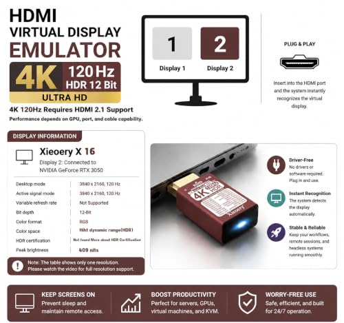 HDMI 2.1 4K HDR EDID Emulator, 12-Bit Deep Color Dummy Plug with 409 Nits Peak Brightness, Default 3840×2160@61Hz Virtual Display for Headless GPUs-3pack - color: 4K/12-bit/409/nits (HDMI 2.1)/HDR, size: 3Pack