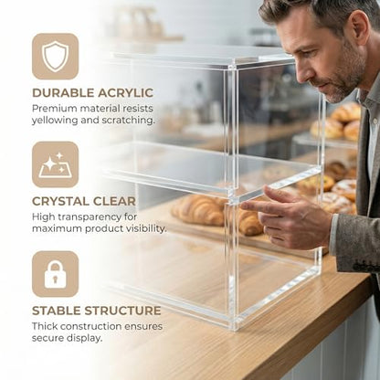 Cupcake Display Case with Handle – 19x 9.5x 11.8″ Commercial Bakery Showcase –Large bread box Transparent Acrylic Food Display for Desserts, Donuts, Cakes, Pastries – Easy to Clean & Assemble - size: 2 Tiers