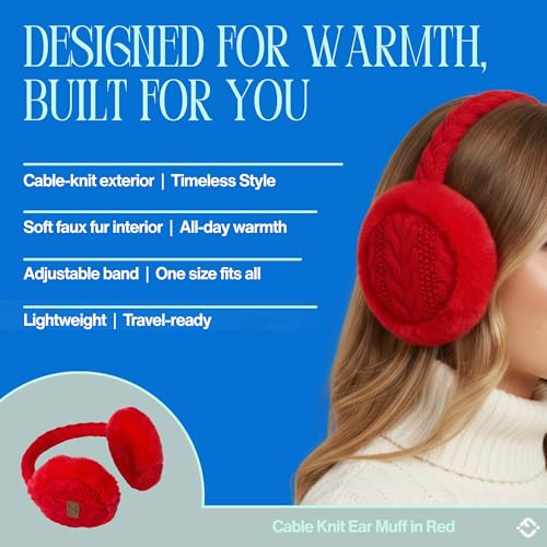 Funky Junque Women’s Winter Earmuffs - Cable Knit & Sequin - color: Cable Knit - Red