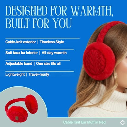Funky Junque Women’s Winter Earmuffs - Cable Knit & Sequin - color: Cable Knit - Red