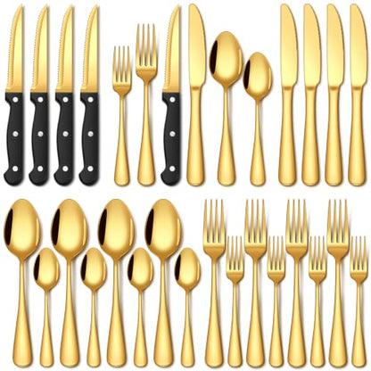 EUIRIO 24 Piece Gold Silverware Set with Steak Knives Food Grade Stainless Steel Flatware Set for 4 Cutlery Utensil Set Mirror Polished Dishwasher Safe for Home Restaurant - color: Gold