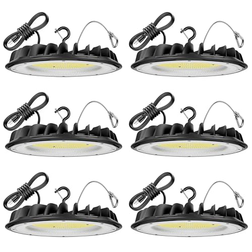 hunhun 6 Pack 250W UFO LED High Bay Light 37,500lm 5000K Commercial Bay Lights 5' Cable with Plug AC110-277V Waterproof Shop Lights for Workshop Garage Factory Warehouse Barn ETL Listed
