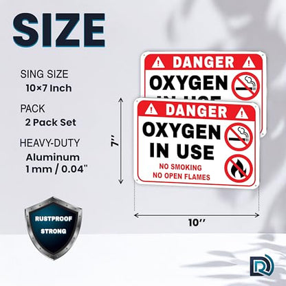 Oxygen in Use Signs, 10x7 Reflective Aluminum, No Smoking, 2 Pack