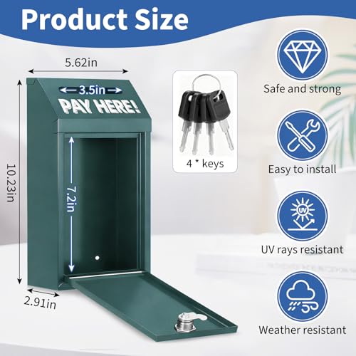 Cash Money Box with Slot – 10.2In Metal Donation Box with Lock for Cash Deposit,Wall Mounted Money Drop with Lock and Slot for Home/Farm/Office/Outdoors(Green) - color: Green