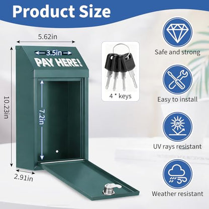 Cash Money Box with Slot – 10.2In Metal Donation Box with Lock for Cash Deposit,Wall Mounted Money Drop with Lock and Slot for Home/Farm/Office/Outdoors(Green) - color: Green