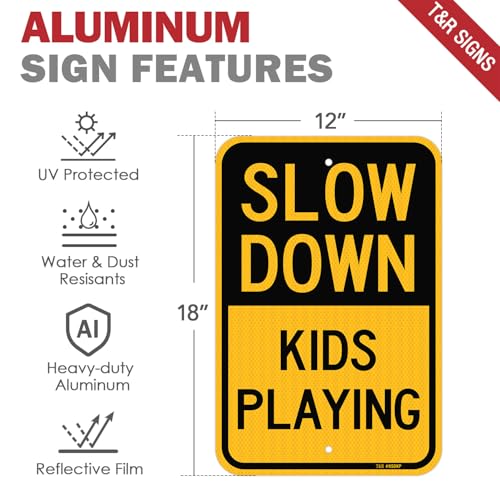 T&R (2 Pack) Slow Down Kids Playing Sign, 18" x 12" Engineer Grade Reflective Sheeting, Rust Free Aluminum, Weather Resistant, Waterproof, Fade Resistant, 2 Pre-drilled Holes - color: 18" x 12" - 2 Pack - Slow Down Kids Playing