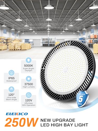 Super Bright 250W 37500LM UFO LED High Bay Light with Plug 5ft Cable - size: 250W-6PACK