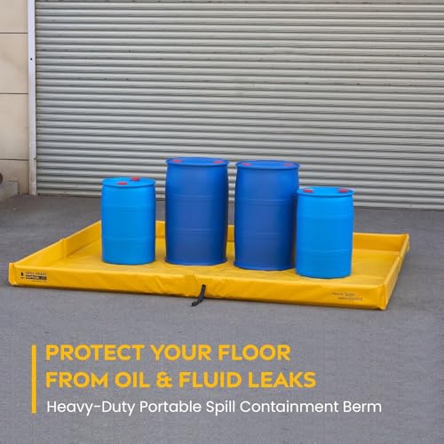 (4-Pack) 4' x 8' Foam Wall Spill Containment Berm, 22oz PVC - 115 Gallon Sump, 4x8 Folding Duck Pond, Yellow with 0.75" Drain - Reusable Oil, Fuel & Chemical Spill Containment Tray - size: 4' x 8'