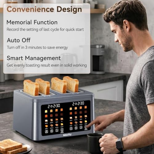 Mecity 4 Slice Toaster Wide Slot, Auto Lift Keep Warm Smart Toaster with Touch Screen, Dual Control Panel, Defrost, Auto Shut Off Digital Toasters for Bagel Muffin Waffle Gluten Free Breads1700W 120V - color: 4 Slot-Brushed stainless steel gray