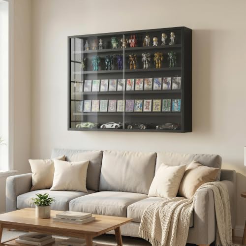 HOMCOM 5-Tier Wall Mounted Display Cabinet Glass Doors Jet Black - color: Jet Black