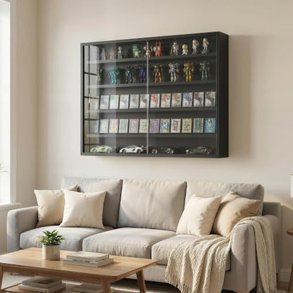 HOMCOM 5-Tier Wall Mounted Display Cabinet Glass Doors Jet Black - color: Jet Black