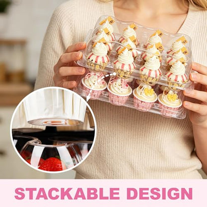 LotFancy (12 Count x 40 Sets) Mini Cupcake Containers with 480 Liners, Clear Plastic Cupcake Boxes Holders, Dozen Disposable Cupcake Carriers with Detachable Lid - size: Mini (40 sets)