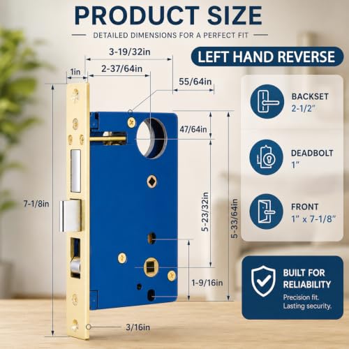 Tandefio 1 Set Double Cylinder Mortise Lock, Left Hand Reverse, Brass - color: Brass, style: Left Hand Reverse