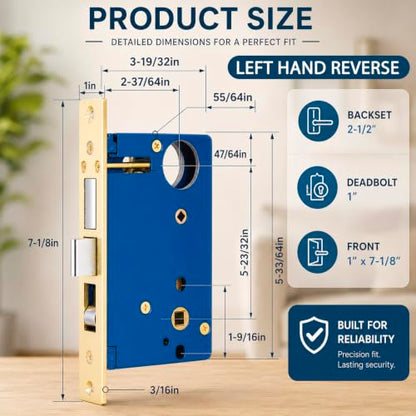 Tandefio 1 Set Double Cylinder Mortise Lock, Left Hand Reverse, Brass - color: Brass, style: Left Hand Reverse