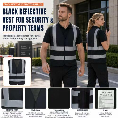 AYKRM 12 colour High visibility viz vest hi vis viz reflective work construction safety vest (XS-8XL) - color: Black, size: XX-Large