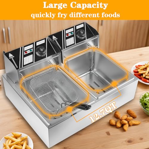 Commercial Electric Deep Fryer, 12L Dual Tank Stainless Steel Countertop Deep Fryer with 2 Baskets & Lids, 5000W Restaurant Deep Fryer with Independent Temperature Control for Restaurant Snack Bar