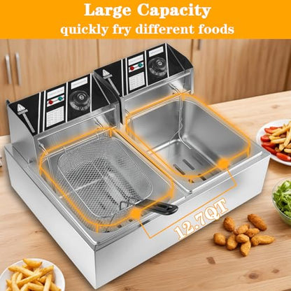 Commercial Electric Deep Fryer, 12L Dual Tank Stainless Steel Countertop Deep Fryer with 2 Baskets & Lids, 5000W Restaurant Deep Fryer with Independent Temperature Control for Restaurant Snack Bar