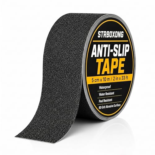 STRBOXONG Anti Slip Tape 2 in x 33 ft, Black 80 Grit Non Slip Grip Tape Roll, Waterproof Self Adhesive Traction Tape for Stairs Steps Ramps Ladders Workshop Walkways Industrial Safety Commercial Use - size: 2 in x 33 ft