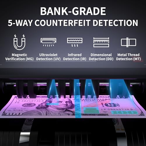 PONNOR Money Counter Machine with Value Count, UV/MG/IR/MT/DD Counterfeit Bill Detection, Dollar Euro Cash Counter with Count/Add/Batch/Auto Modes, External LCD Display