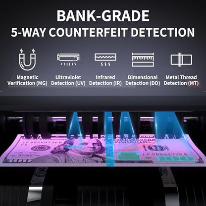 PONNOR Money Counter Machine with Value Count, UV/MG/IR/MT/DD Counterfeit Bill Detection, Dollar Euro Cash Counter with Count/Add/Batch/Auto Modes, External LCD Display