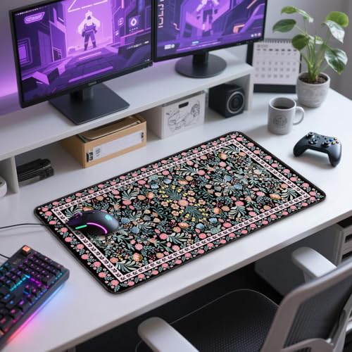 Black Floral Desk Mat Large Mouse Pad 31.5"x15.7" Non-Slip - color: Black Floral
