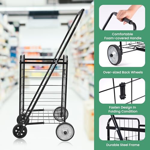 Simple Deluxe Folding Shopping Cart with Wheels, 90LB Capacity & Comfortable Foam Handle, Heavy Duty Collapsible Utility Cart for Groceries, Laundry, Travel, Books, Black