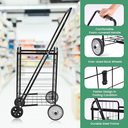 Simple Deluxe Folding Shopping Cart with Wheels, 90LB Capacity & Comfortable Foam Handle, Heavy Duty Collapsible Utility Cart for Groceries, Laundry, Travel, Books, Black