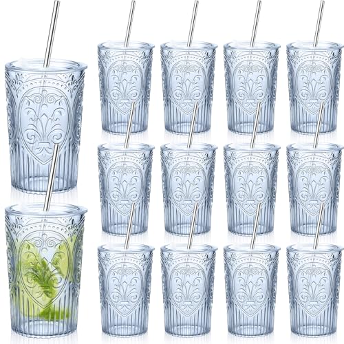 Wiwiqing 12 Set 16oz Vintage Tumbler with Lid and Straw Bulk, Blue - color: Blue