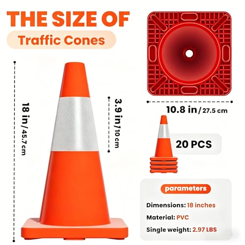20 Pack 18" Construction Parking Cones, High Toughness Traffic Cones with Reflective Collars, PVC Parking Cones, Hazard Construction Cones for Commercial Parking Lot Management, Driveway Road Parking