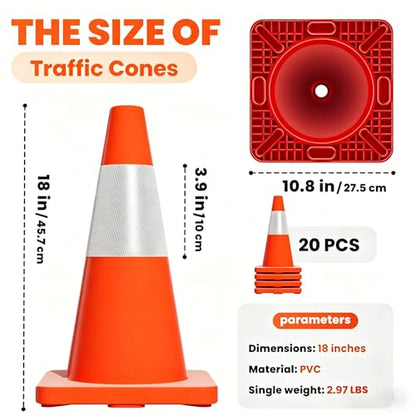 20 Pack 18" Construction Parking Cones, High Toughness Traffic Cones with Reflective Collars, PVC Parking Cones, Hazard Construction Cones for Commercial Parking Lot Management, Driveway Road Parking