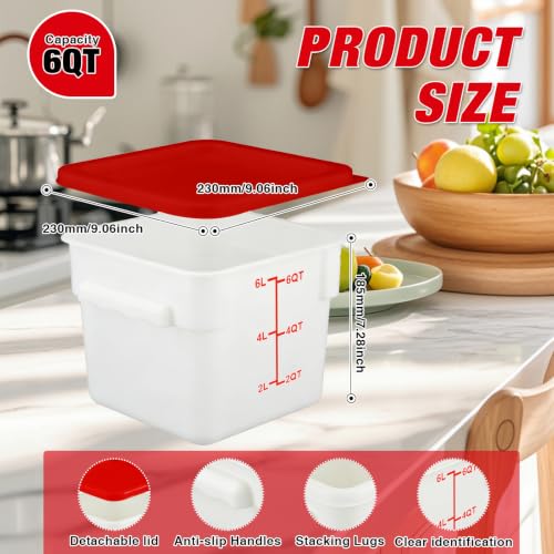 Square Food Containers with Lids 4-Pack, Commercial Grade Plastic Bins for Restaurant Kitchen Pantry Storage, Freezer & Dishwasher Safe (Red, 6QT-4PACK) - size: 6QT-4PACK