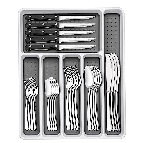 49-Piece Silverware Set with Organizer, Heavy Duty Stainless Steel Flatware Set for 8, Cutlery Utensil Sets with Steak Knives, Rust-proof, Mirror Polished, Dishwasher Safe, Heavy Duty - style: Heavy Duty