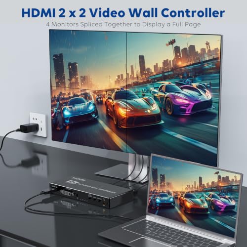 Video Wall Controller 2x2, HDMI DVI TV Wall Controller Processor, with 1080P@60Hz Output, 9 Splicing Modes, 180° Rotate, 2x2, 1x2, 1x3, 4x1, 4 Monitors Spliced Together to Display a Full Page