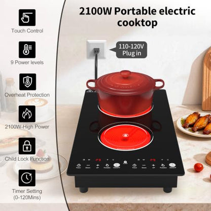 VBGK Electric Cooktop,110V 2100W Stove Top with LED touch Control,9 Power Levels, Kids Lock & 2H Timer,Overheat Protection stove,12 Inch 2 burner Electric cooktop - size: 2 burner electric stove