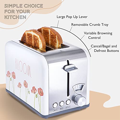 Rae Dunn Toaster, Stainless Steel 2 Slice Square Toaster, Wide Slot with 5 Browning Levels, with Bagel, Defrost and Cancel Options (White Floral) - color: White Floral