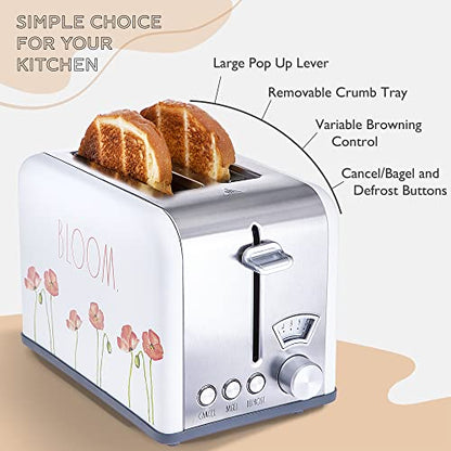 Rae Dunn Toaster, Stainless Steel 2 Slice Square Toaster, Wide Slot with 5 Browning Levels, with Bagel, Defrost and Cancel Options (White Floral) - color: White Floral