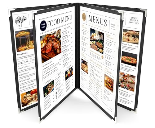 6Pcs Black PVC Clear Menu Cover 8.5x11, 4 Page 8 View - color: black with silver corners, size: 4 Pages - 8.5" x 11"
