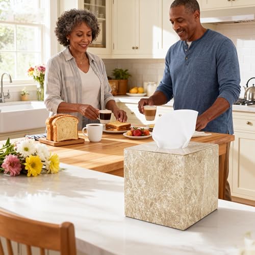 Natural Marble Tissue Box Holder Cover with Open Bottom - color: Light Brown