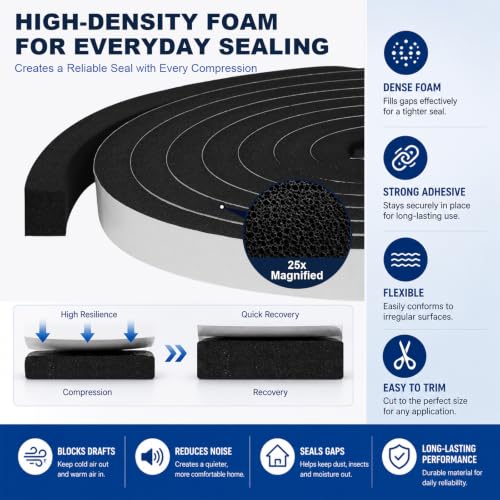 Storystore Self Adhesive Foam Weather Stripping, 1"x 1/8"x16.5 FT Door Seal - size: 1In x 1/8In x 16.5Ft