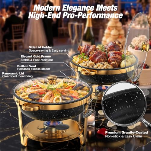 Chafing Dishes for Buffet, 4 Pack 9QT Gold Buffet Display Set, Granite-Coated Round Stainless Steel Food Warmers with Glass Lid Holder & Rolled-Edge, Stackable Storage Catering Events Supplies