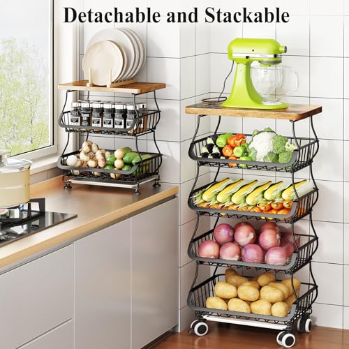 SAYZH 5-Tier Fruit and Vegetable Basket Stand for Kitchen, Wood Top, Black - color: Black, size: 5 Tiers